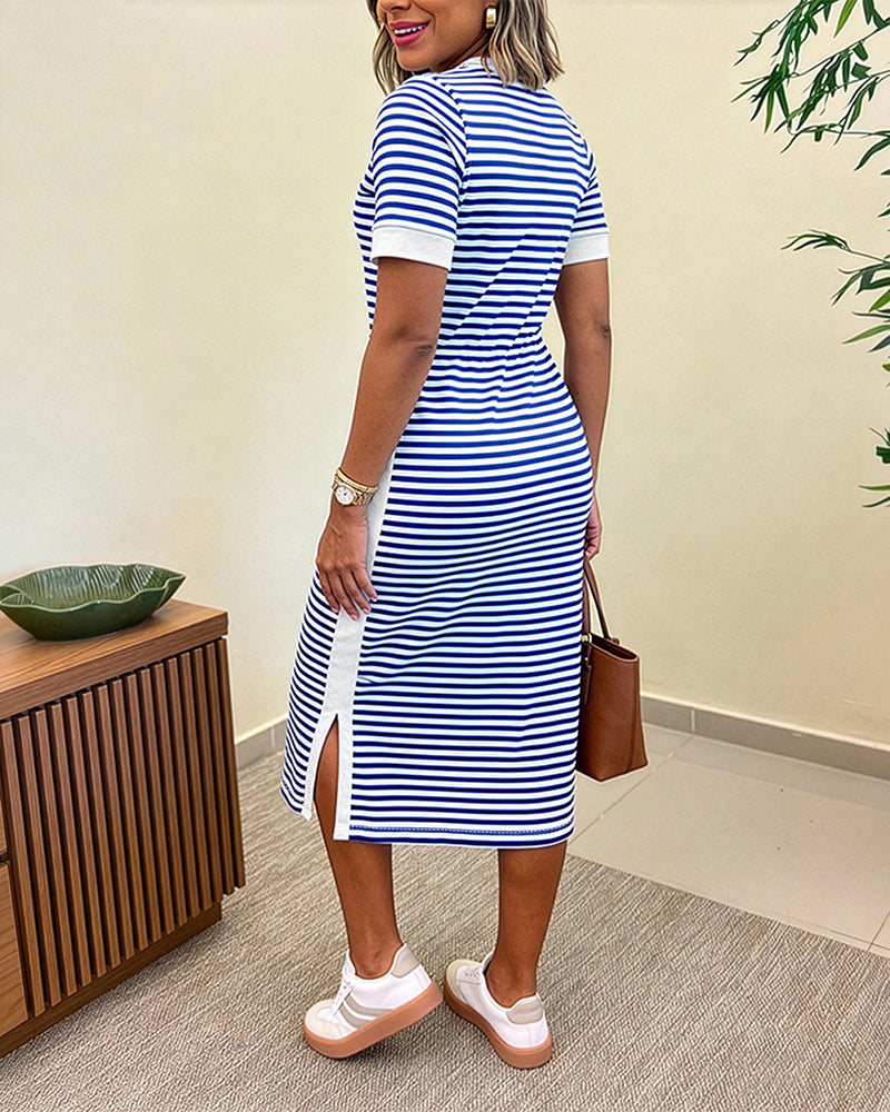 Striped Colorblock Midi T-Shirt Dress with Side Slit and Pockets | Meave & Ivy