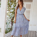 Blue Floral Bohemian V-Neck Midi Dress – Women's Boho Summer Beach & Holiday Dress | Meave & Ivy
