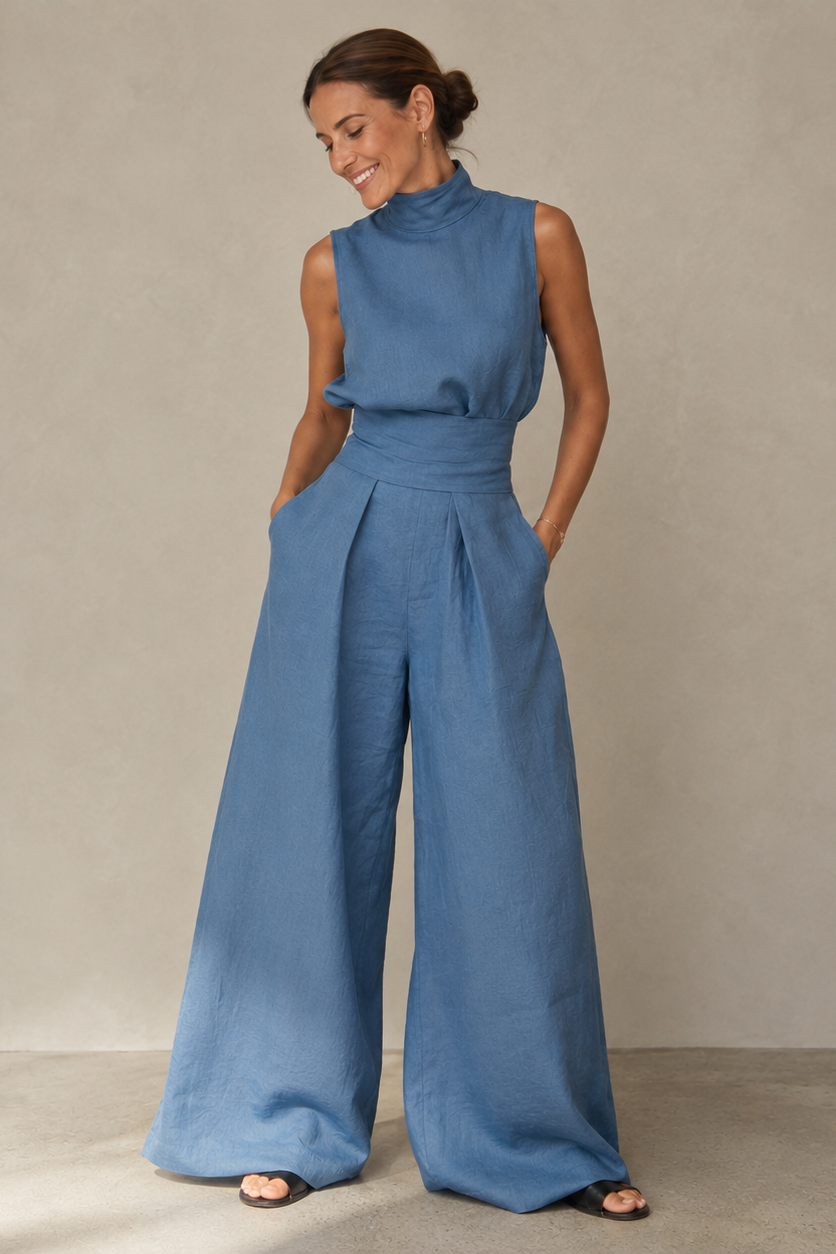 Olive Green Linen-Look Wide Leg Jumpsuit – Women's High Neck Summer Jumpsuit