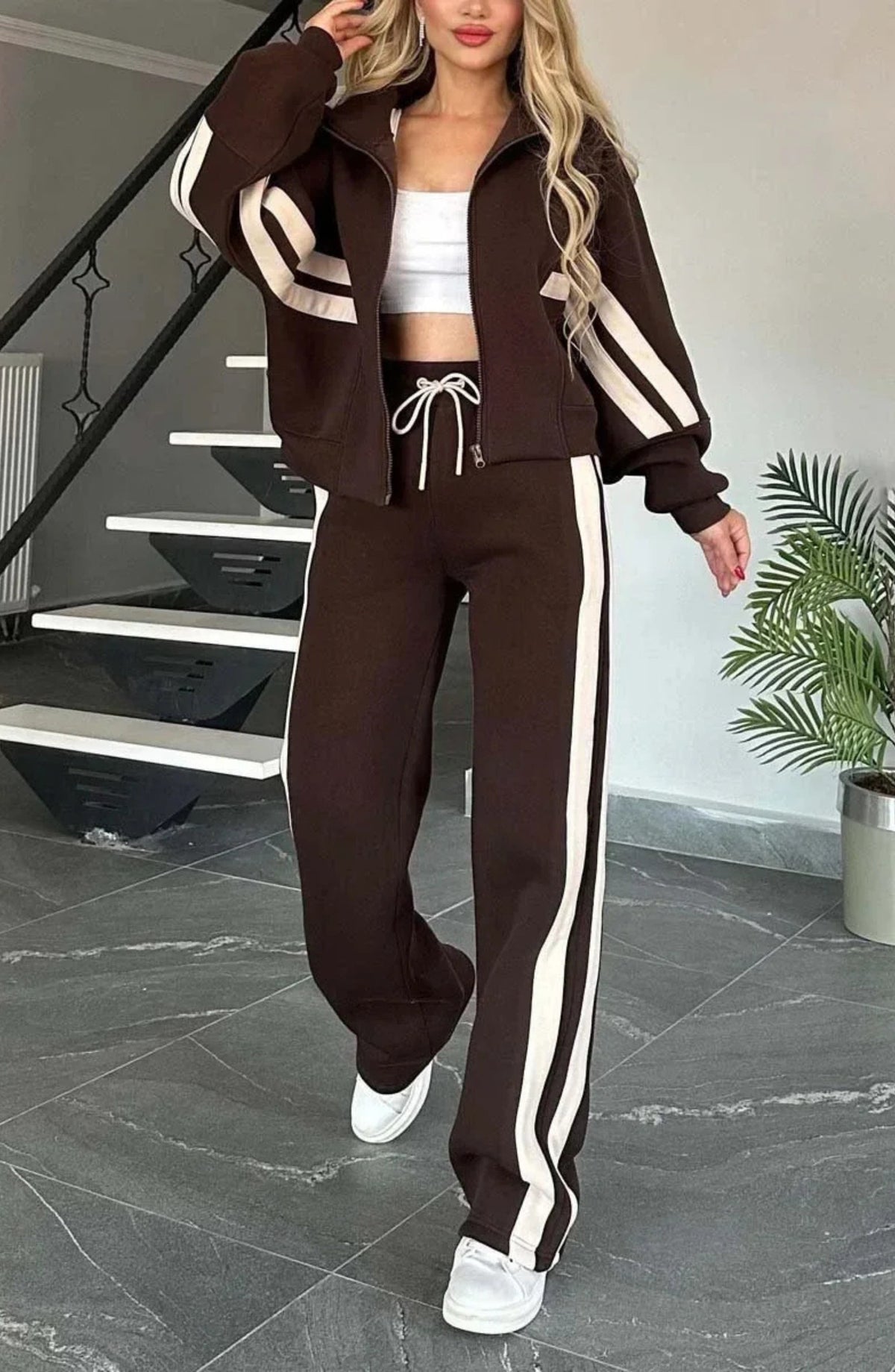 Striped Co-Ord Set – Zip Jacket & Wide-Leg Trousers | Meave & Ivy