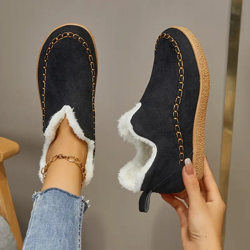 Women's Warm Faux Fur-Lined Slip-On Ankle Boots with Moccasin Stitching