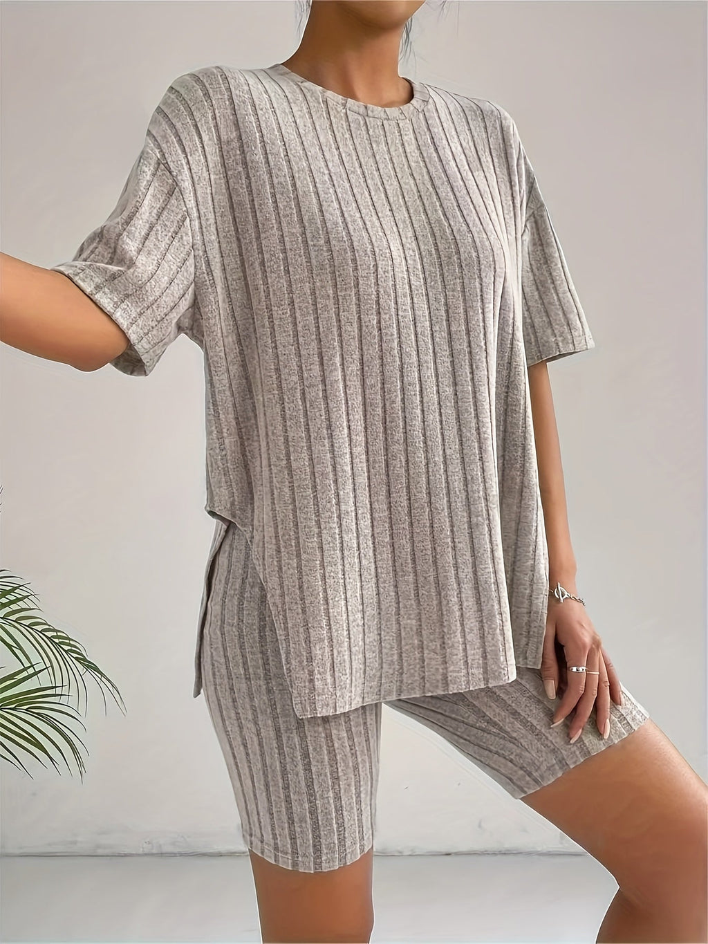 Women's Ribbed Knit Short-Sleeve T-Shirt and Fitted Shorts Set