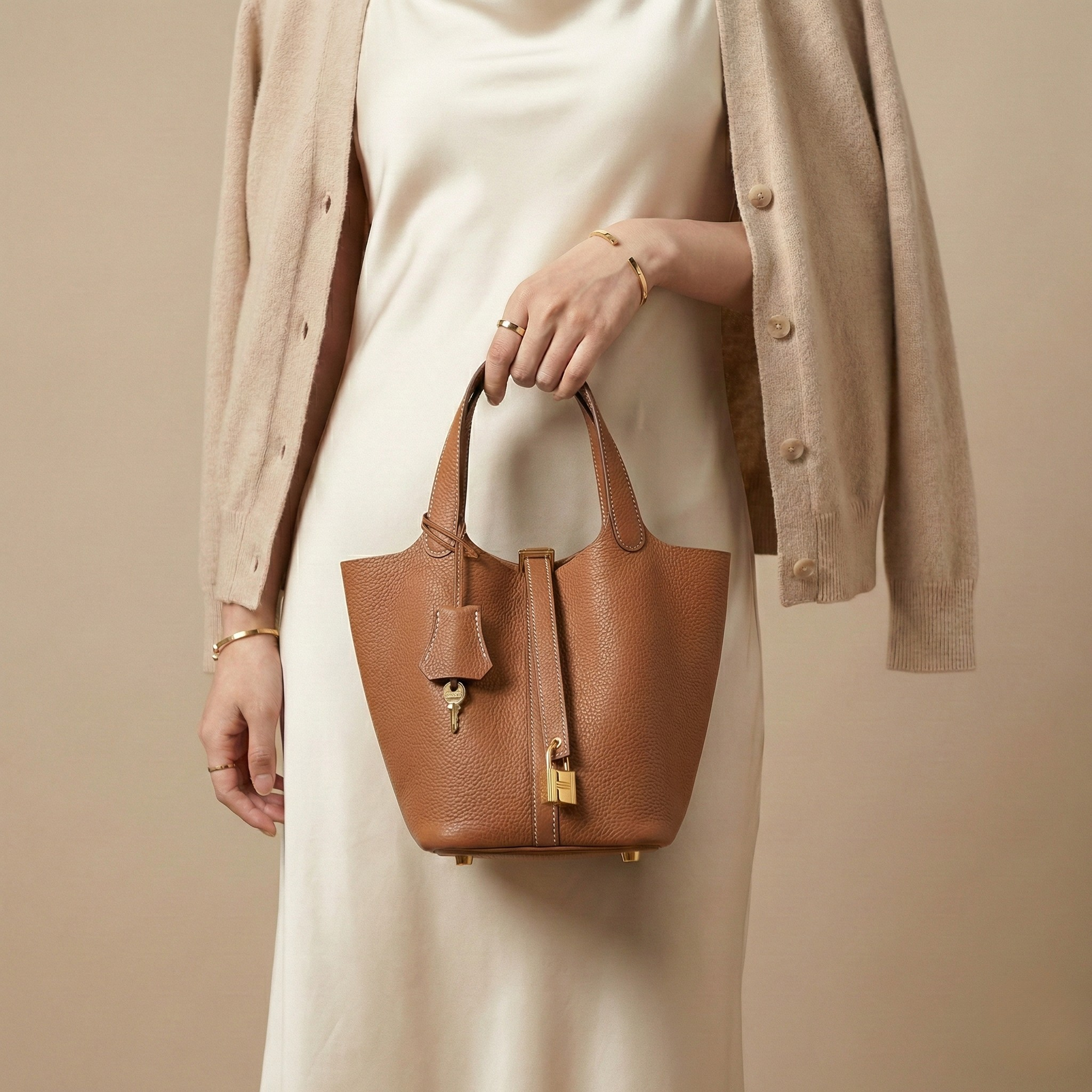 Structured Basket Handbag with Twist Lock – Faux Leather Bucket Bag
