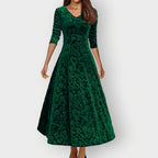 Velvet Jacquard Midi Dress V-Neck Flared | Meave & Ivy