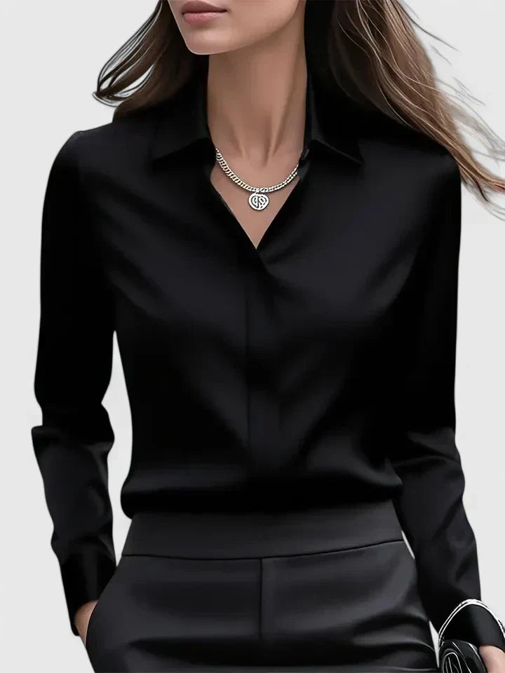 Women's Satin Blouse with Classic Collar and Button Front