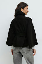 Cape Coat with High Collar & Bow Belt – Elegant Winter Cape