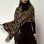 Leopard Print Winter Scarf with Fringes – Bohemian Blanket Scarf