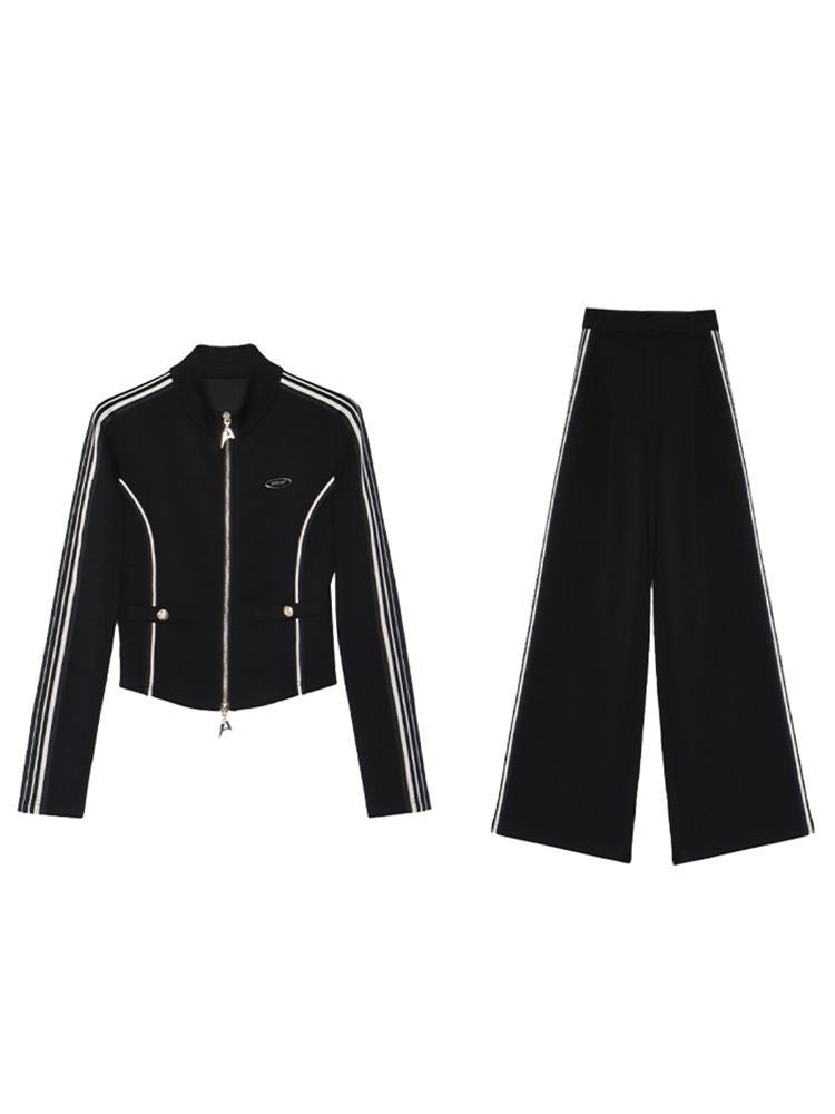 Women's Zip-Up Stand-Collar Jacket and Wide-Leg Trousers Set
