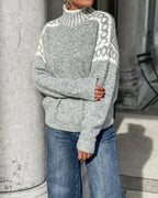 Women's Nordic Knitted Sweater with Ribbed High Neck and Patterned