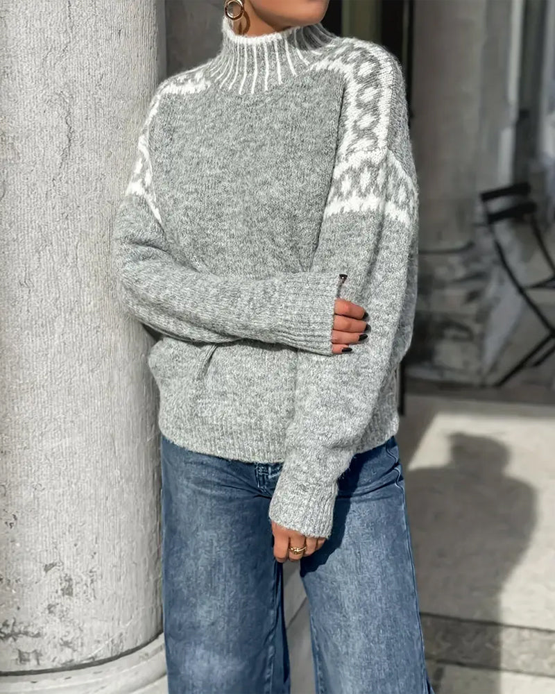 Women's Nordic Knitted Sweater with Ribbed High Neck and Patterned