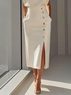Sleeveless Button-Detail Bodycon Midi Dress
