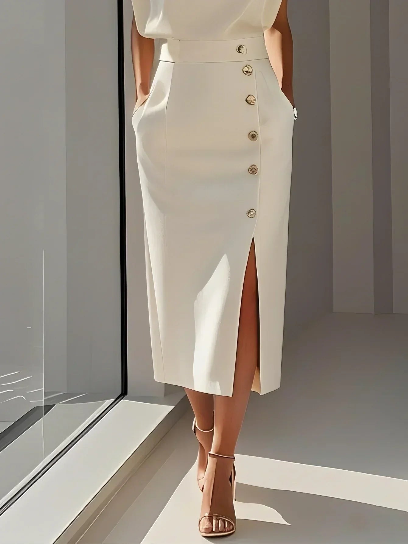 Sleeveless Button-Detail Bodycon Midi Dress
