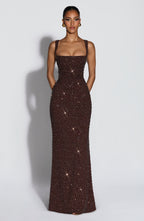 Plum Brown Shimmer Maxi Dress – Sculpted Evening Gown | Meave & Ivy