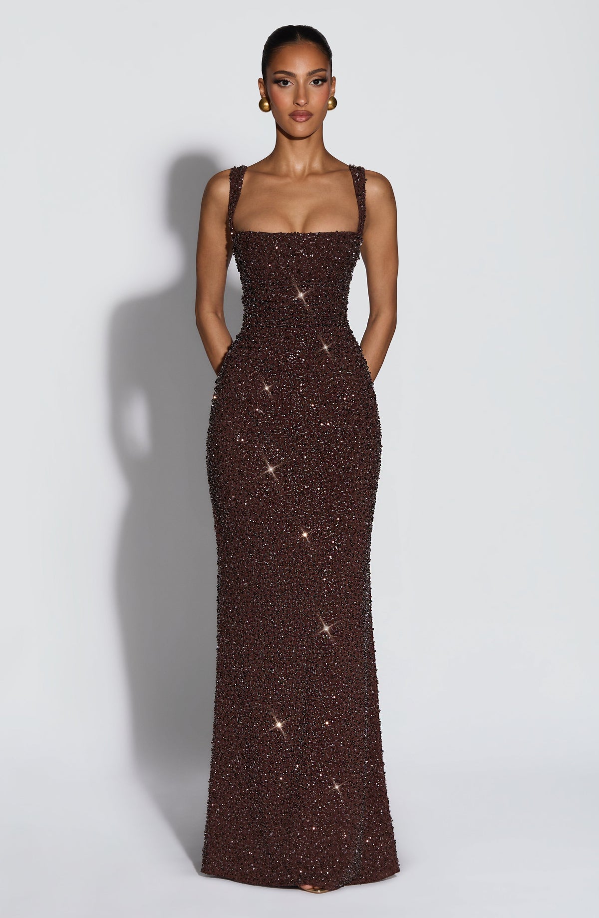 Plum Brown Shimmer Maxi Dress – Sculpted Evening Gown | Meave & Ivy