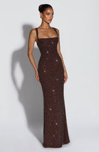 Plum Brown Shimmer Maxi Dress – Sculpted Evening Gown | Meave & Ivy