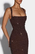 Plum Brown Shimmer Maxi Dress – Sculpted Evening Gown | Meave & Ivy