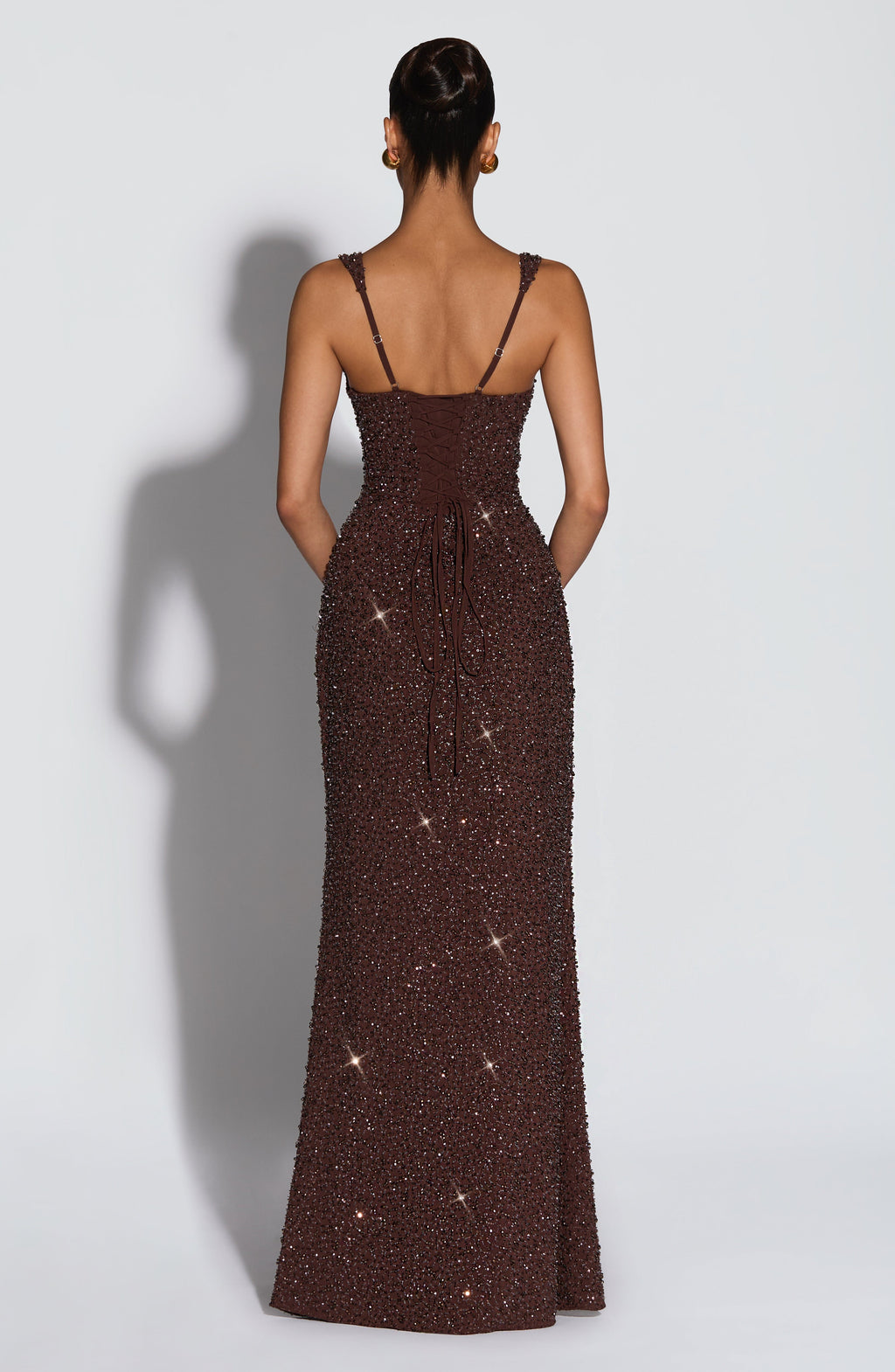 Plum Brown Shimmer Maxi Dress – Sculpted Evening Gown | Meave & Ivy