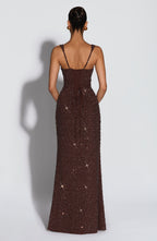 Plum Brown Shimmer Maxi Dress – Sculpted Evening Gown | Meave & Ivy