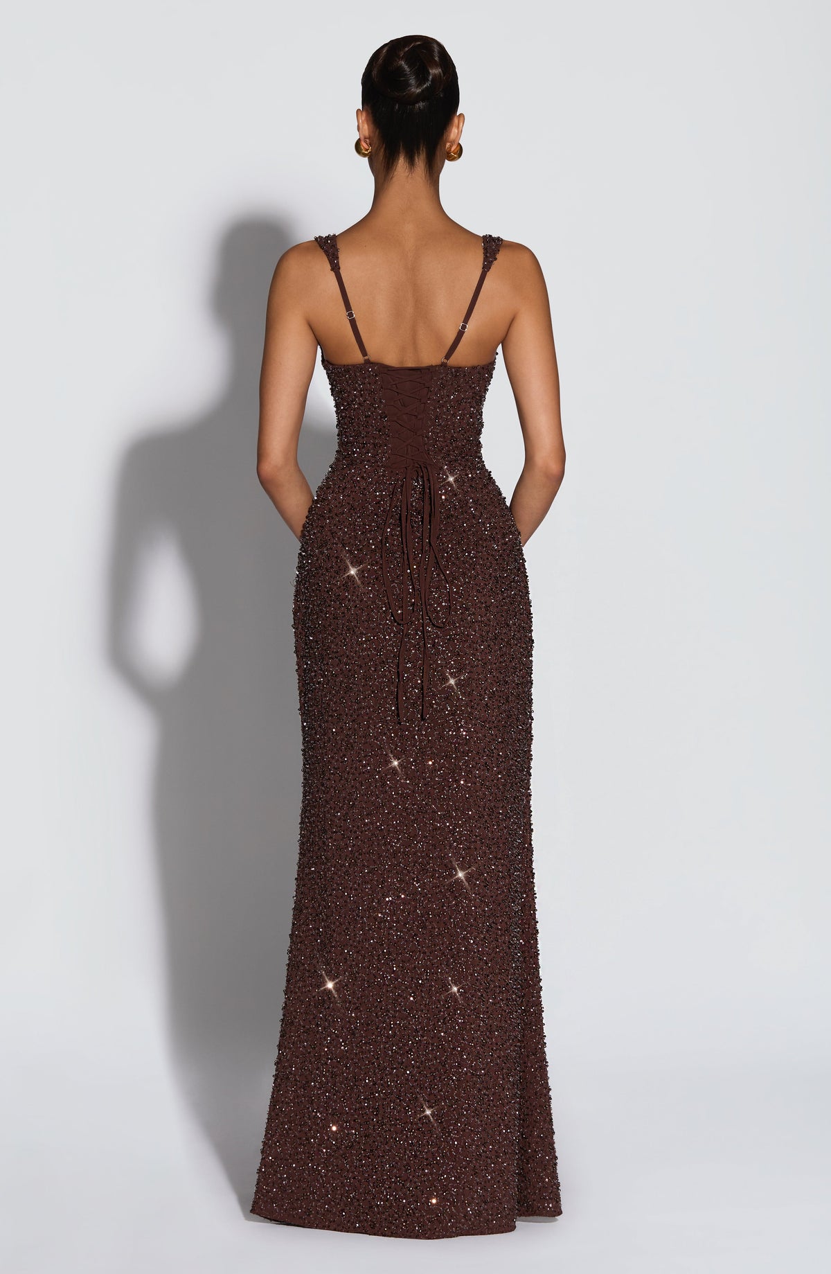 Plum Brown Shimmer Maxi Dress – Sculpted Evening Gown | Meave & Ivy