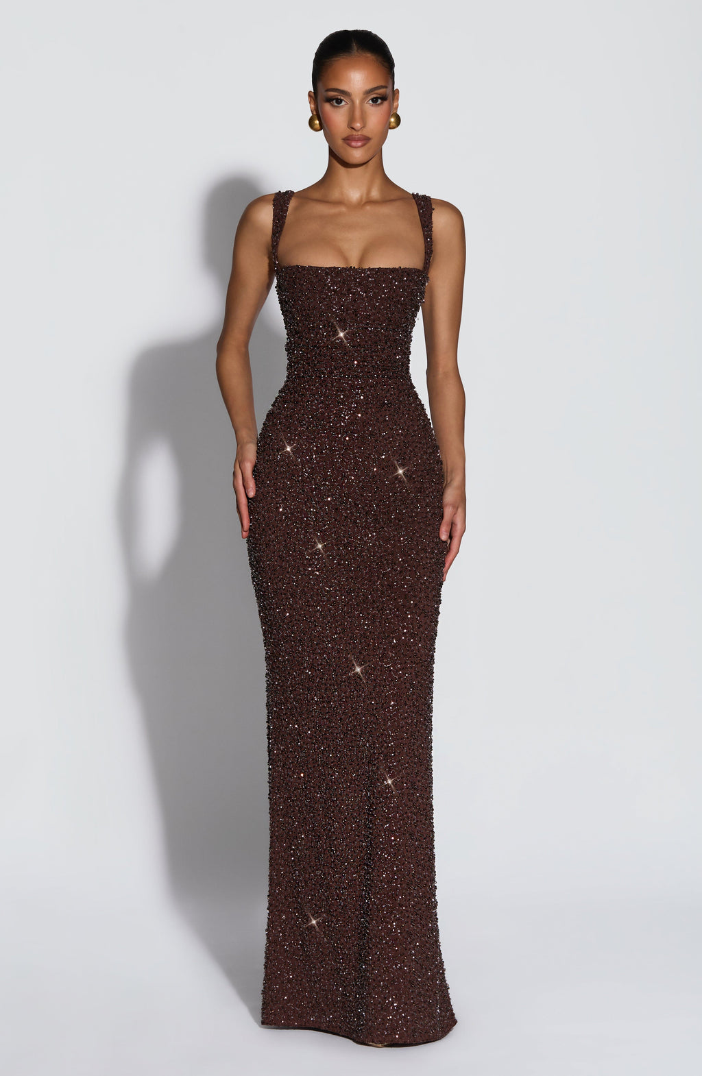 Plum Brown Shimmer Maxi Dress – Sculpted Evening Gown | Meave & Ivy