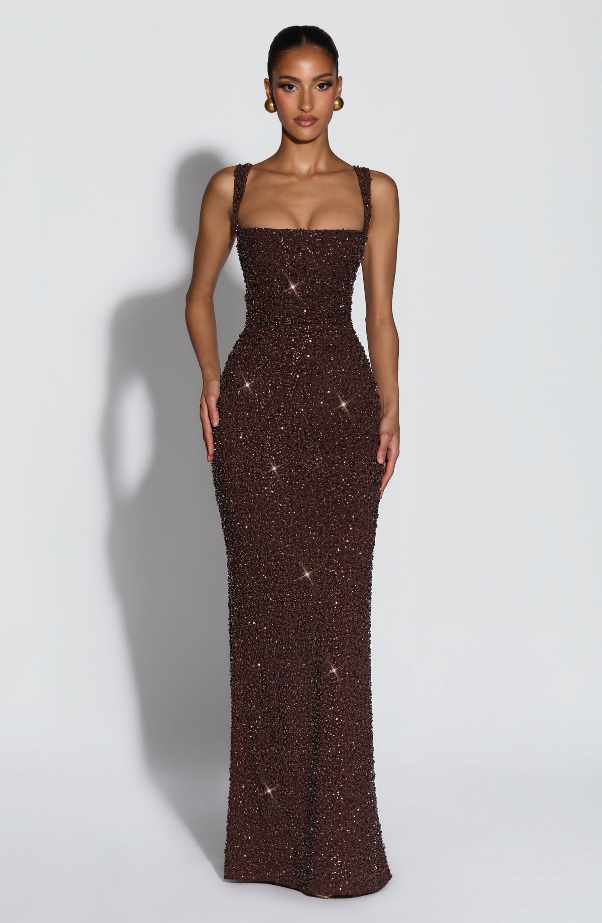 Plum Brown Shimmer Maxi Dress – Sculpted Evening Gown | Meave & Ivy