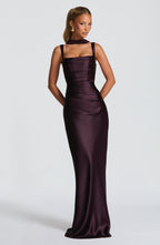 Plum Pleated Satin Maxi Dress – Elegant Evening Gown | Meave & Ivy