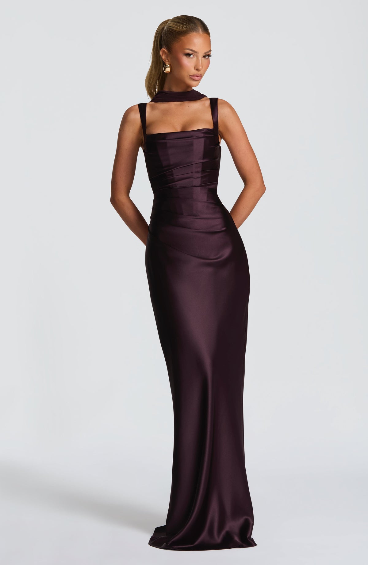 Plum Pleated Satin Maxi Dress – Elegant Evening Gown | Meave & Ivy