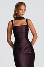 Plum Pleated Satin Maxi Dress – Elegant Evening Gown | Meave & Ivy
