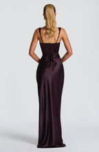 Plum Pleated Satin Maxi Dress – Elegant Evening Gown | Meave & Ivy