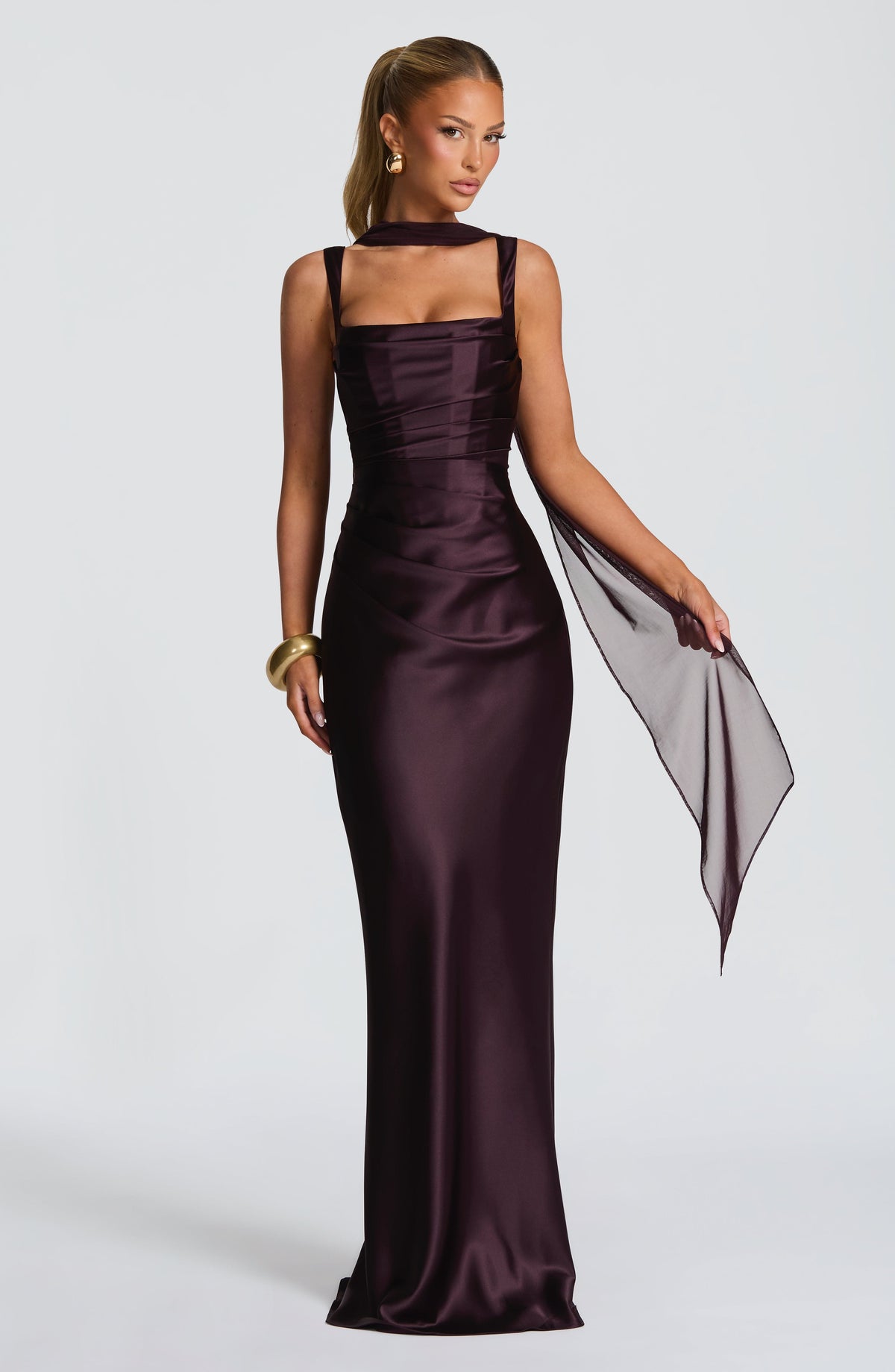 Plum Pleated Satin Maxi Dress – Elegant Evening Gown | Meave & Ivy