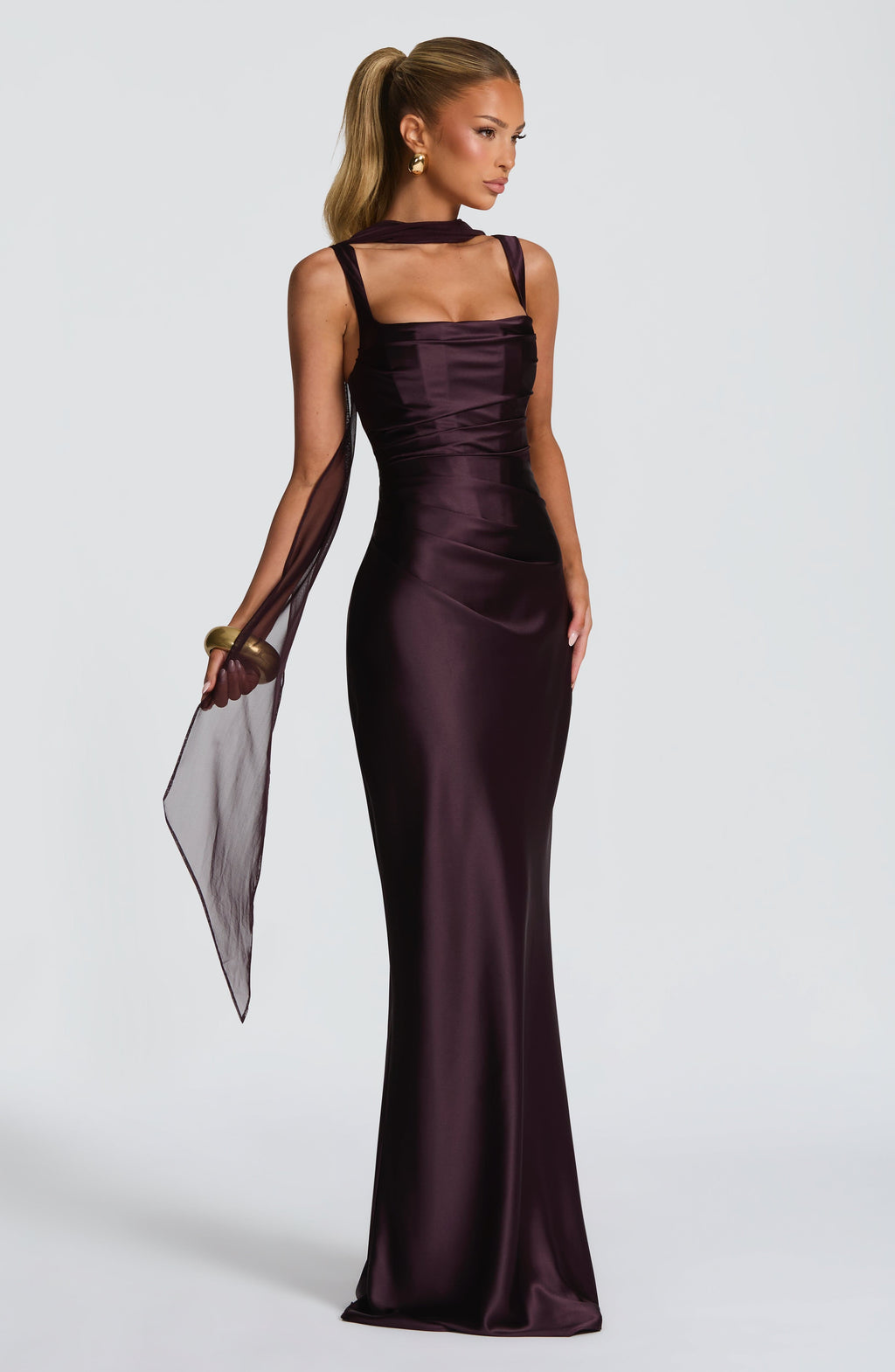 Plum Pleated Satin Maxi Dress – Elegant Evening Gown | Meave & Ivy