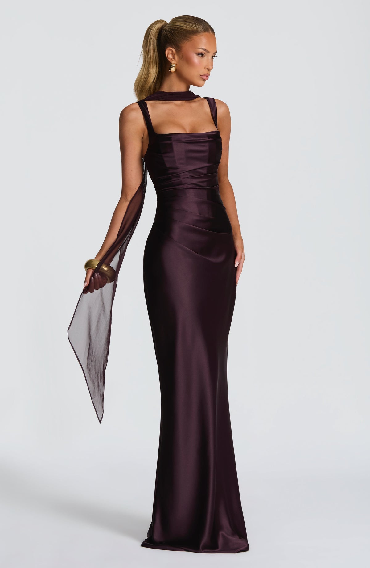 Plum Pleated Satin Maxi Dress – Elegant Evening Gown | Meave & Ivy