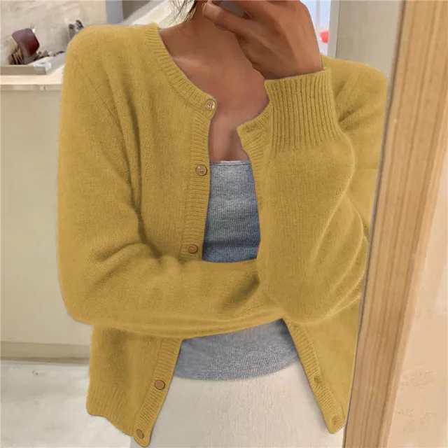 Women's Fine-Knit Button-Up Cardigan – Soft Round-Neck Long-Sleeve Layer