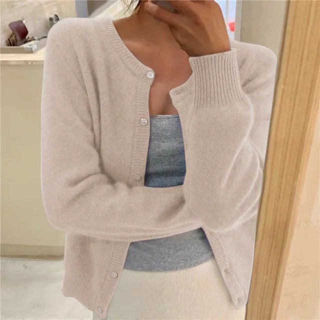 Women's Fine-Knit Button-Up Cardigan – Soft Round-Neck Long-Sleeve Layer