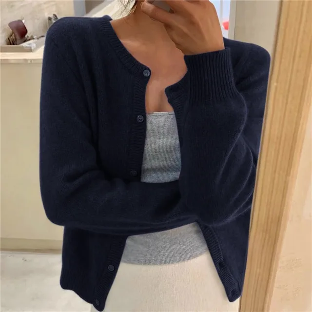 Women's Fine-Knit Button-Up Cardigan – Soft Round-Neck Long-Sleeve Layer