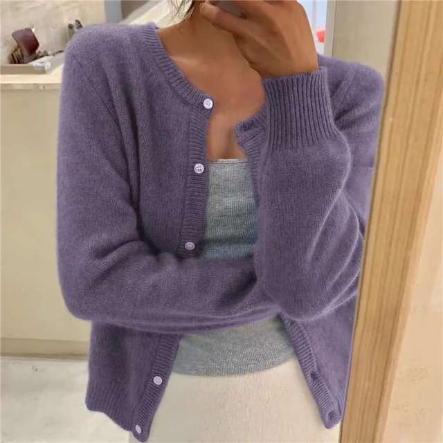 Women's Fine-Knit Button-Up Cardigan – Soft Round-Neck Long-Sleeve Layer