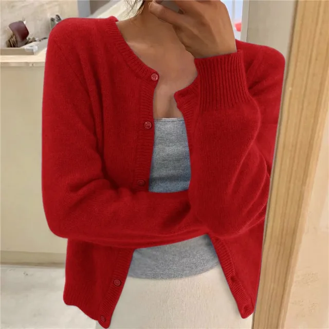 Women's Fine-Knit Button-Up Cardigan – Soft Round-Neck Long-Sleeve Layer