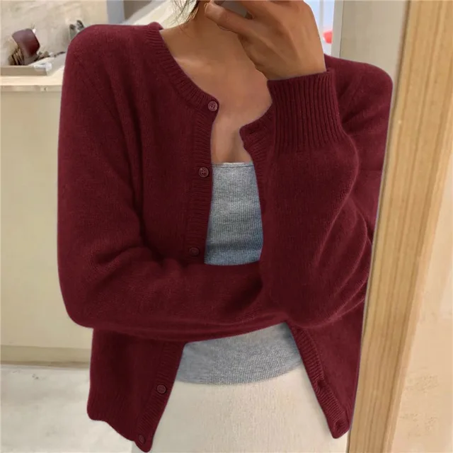 Women's Fine-Knit Button-Up Cardigan – Soft Round-Neck Long-Sleeve Layer