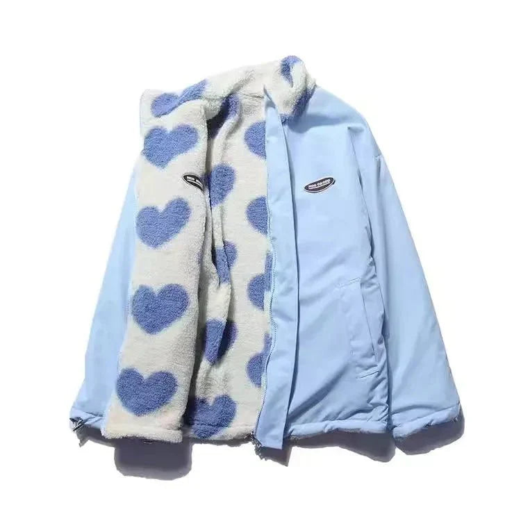 Women's Reversible Zip-Up Jacket with Heart-Patterned Fleece and Side