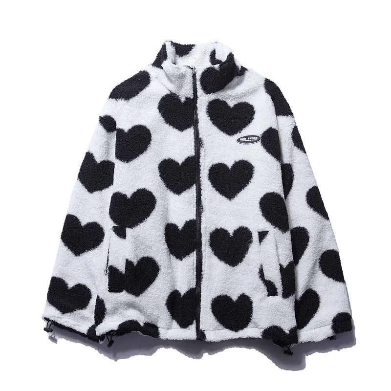 Women's Reversible Zip-Up Jacket with Heart-Patterned Fleece and Side