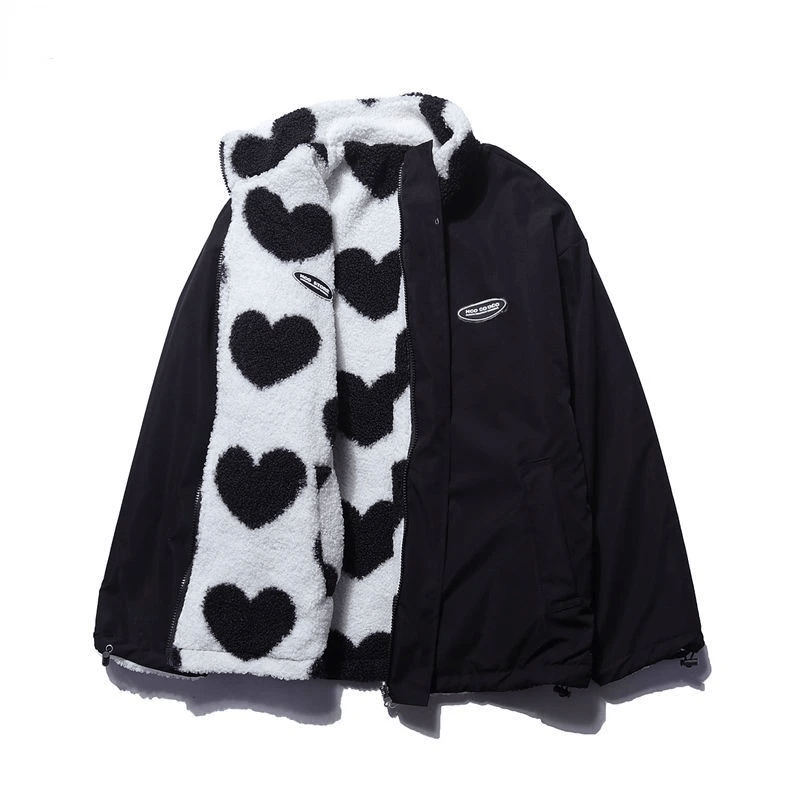 Women's Reversible Zip-Up Jacket with Heart-Patterned Fleece and Side