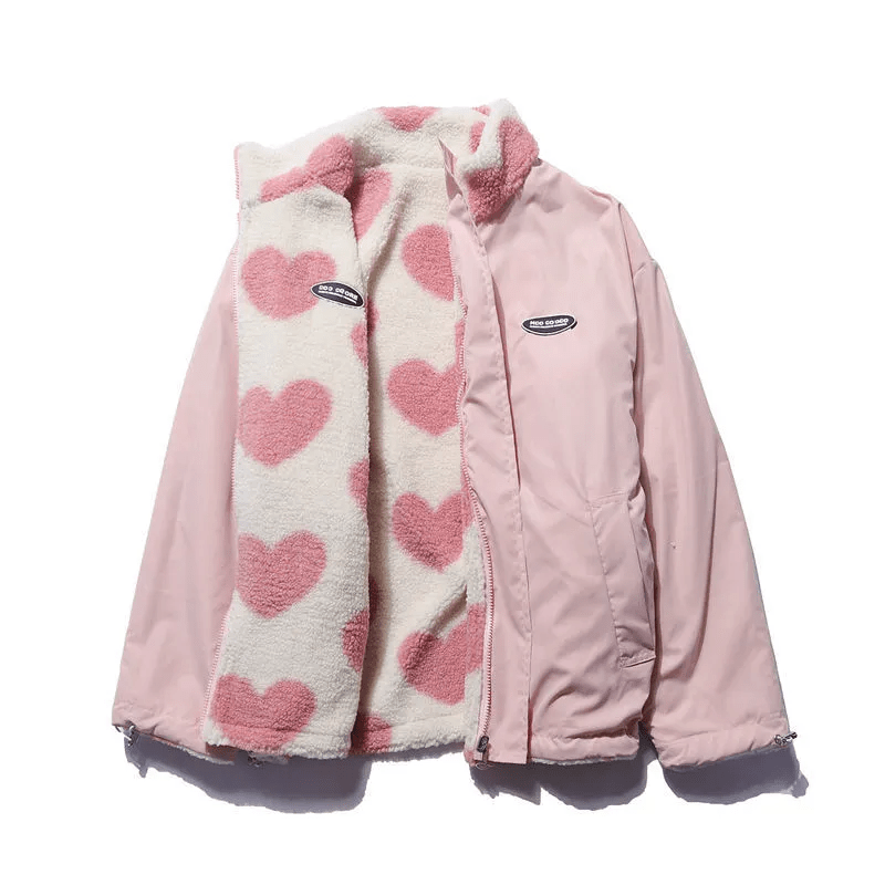 Women's Reversible Zip-Up Jacket with Heart-Patterned Fleece and Side
