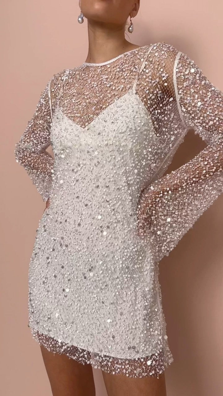 Women's Pearl Embellished Mesh Mini Dress