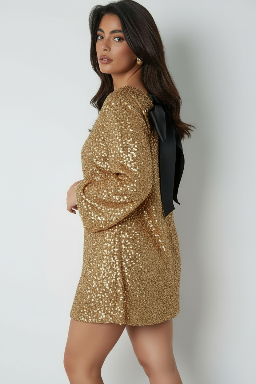 Sequin Mini Dress with Satin Back Bow – Glossy Party Dress