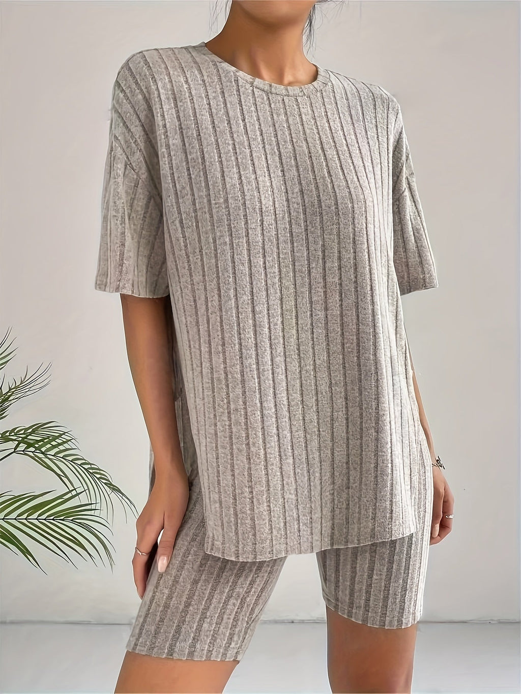 Women's Ribbed Knit Short-Sleeve T-Shirt and Fitted Shorts Set