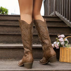 Knee High Embroidered Cowboy Boots with Pointed Toe