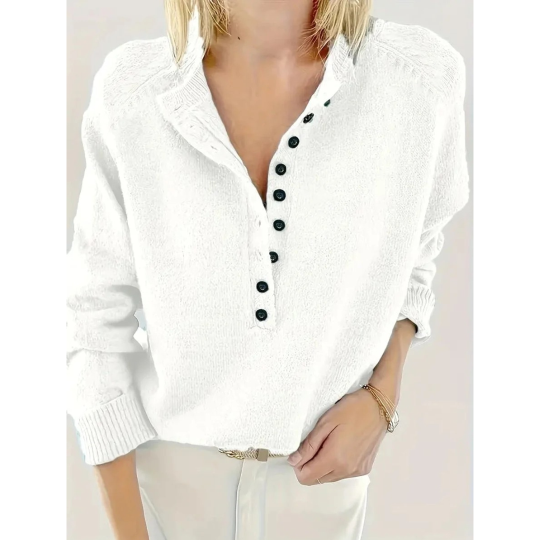 Women's V-Neck Knit Sweater – Relaxed Button-Neck Style