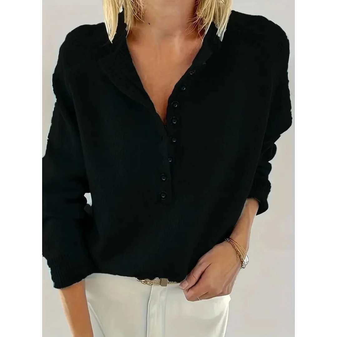Women's V-Neck Knit Sweater – Relaxed Button-Neck Style