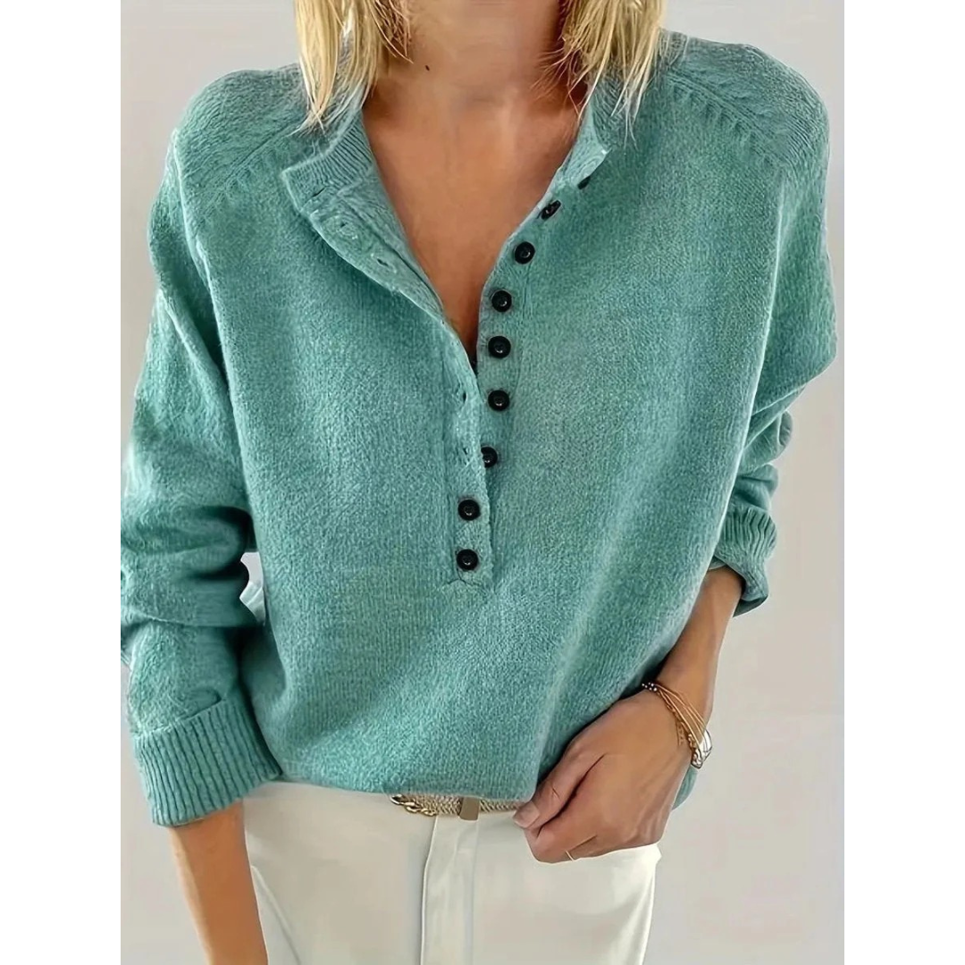 Women's V-Neck Knit Sweater – Relaxed Button-Neck Style