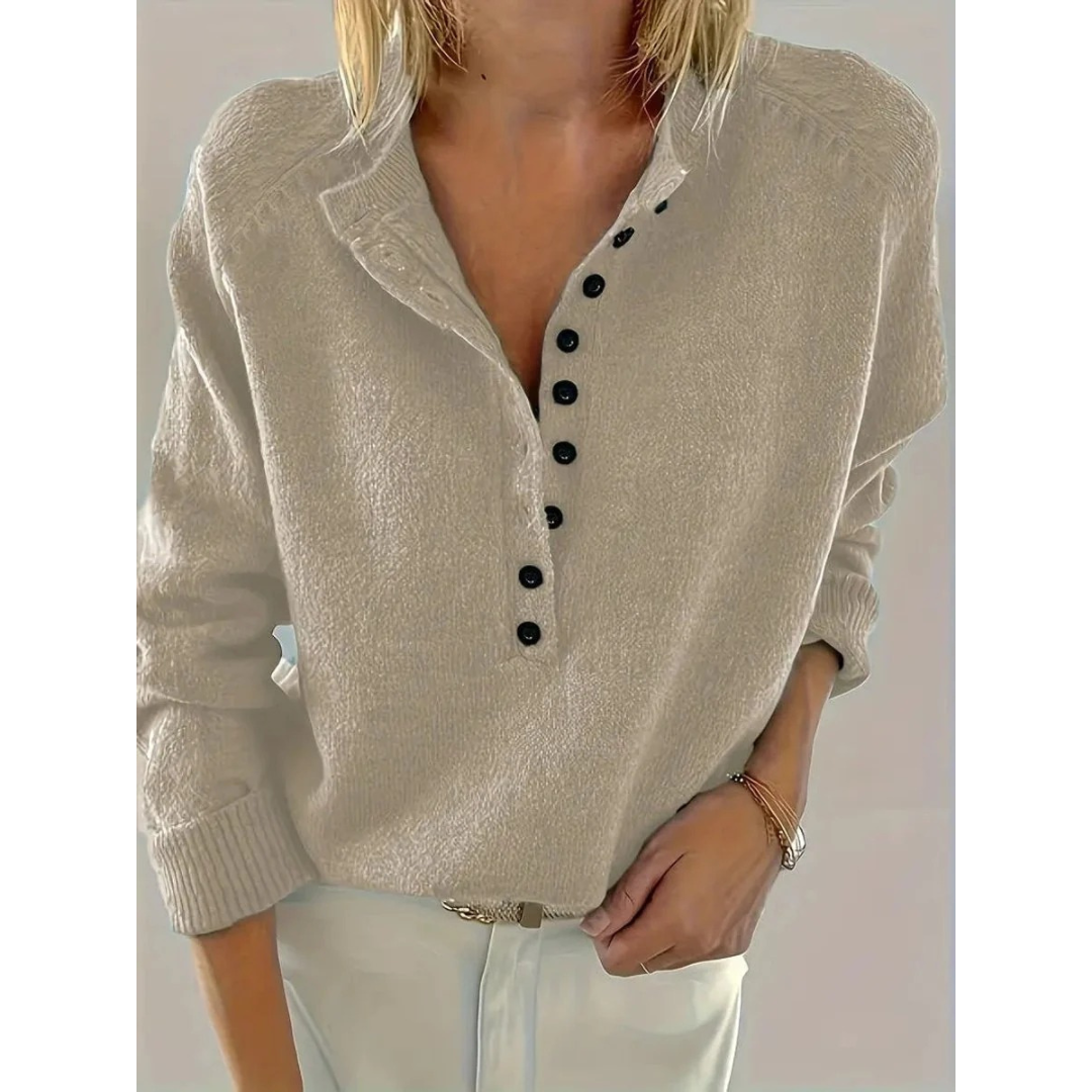 Women's V-Neck Knit Sweater – Relaxed Button-Neck Style